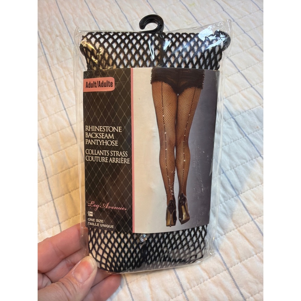 Leg Avenue Black Fishnet Rhinestone Backseam Pantyhose PC9133 One‎ Size NIP